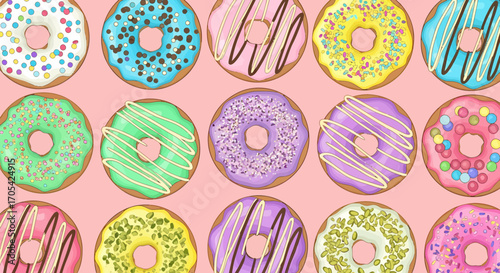 Colorful Assortment Of Delicious Doughnuts On Light Pink Background
