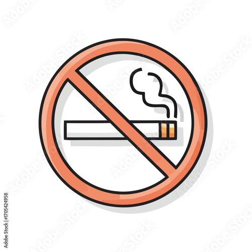 Hand-drawn colorful cartoon icon of a no smoking sign. Vector illustration of a prohibited cigarette symbol for public health awareness
