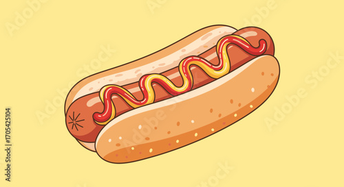 Delicious Hot Dog With Mustard And Ketchup Cartoon Illustration