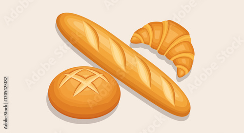 Delicious Pastries Featuring Baguette Croissant And Boule Bread