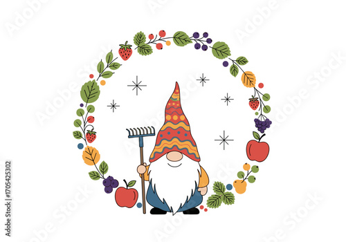 Whimsical garden gnome holding a rake surrounded by a vibrant fruit and berry wreath on a white background