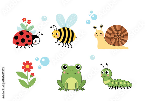 Cute cartoon bugs and garden friends illustration set for childrens designs