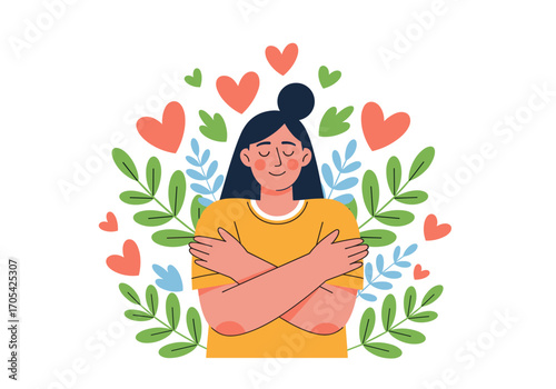 Embracing self-love with heartfelt affection surrounded by nature's vibrant beauty and fluttering hearts symbolizing warmth and care