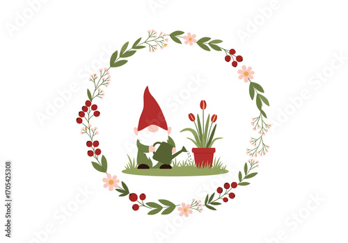 Whimsical gnome tending to blooming tulips surrounded by a delightful floral wreath celebrating springtime garden enchantment and outdoor joy