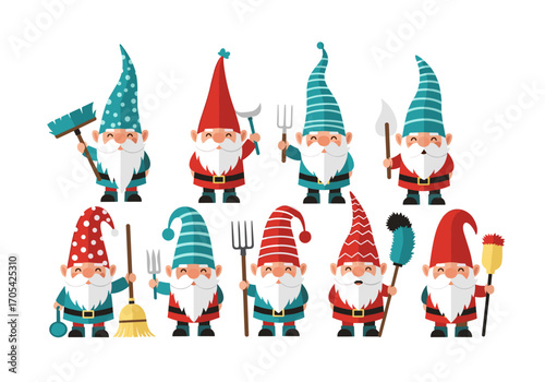 Set of cute cartoon garden gnomes with cleaning tools and gardening equipment for outdoor decoration