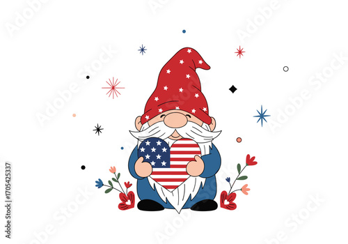 Adorable gnome holding a heart decorated with the american flag for patriotic celebrations