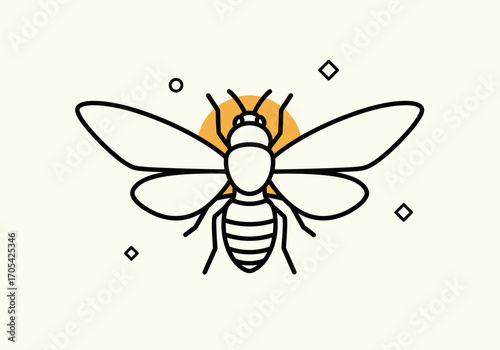 A stylized line art illustration of a bee with wings spread open on a light background with geometric shapes and a yellow circle behind its head