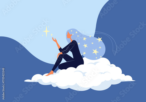 A woman with long wavy hair adorned with stars sitting on a fluffy white cloud reaching for a shining star against a serene blue sky background creating a dreamy celestial atmosphere