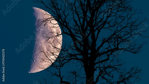 Zeitraffer vom Mond am Abendhimmel hinter einem Baum - FOTOMONTAGE