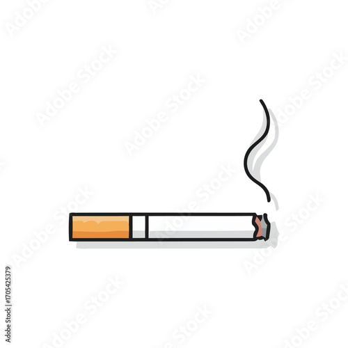 Isolated vector illustration of a single lit cigarette with smoke. Doodle icon concept for smoking, tobacco addiction, nicotine habit, and health risks