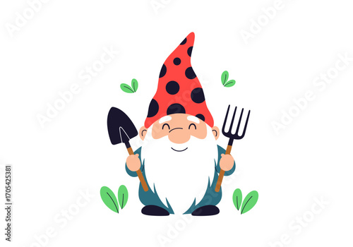 A cheerful garden gnome with a red polka dot hat holding a shovel and a rake ready to tend to the plants