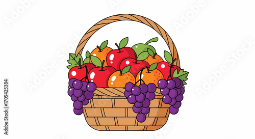 Fruit Basket Illustration Featuring Apples Oranges And Grapes