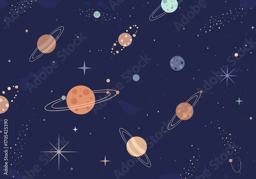 Whimsical cosmic landscape with planets stars and celestial bodies floating in deep space