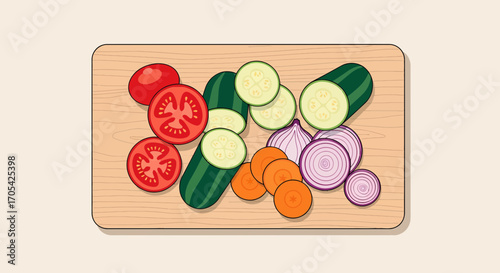 Fresh Vegetables Sliced On Cutting Board Ready For Cooking Preparation