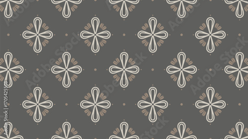 Seamless pattern featuring stylized floral motifs on a gray background with symmetrical arrangement