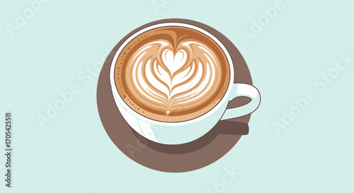 Latte Art Coffee Illustration On Minimalist Light Blue Background