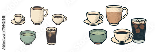 Variety of coffee and tea beverages served in different cups, mugs, and glasses with a vintage graphic style
