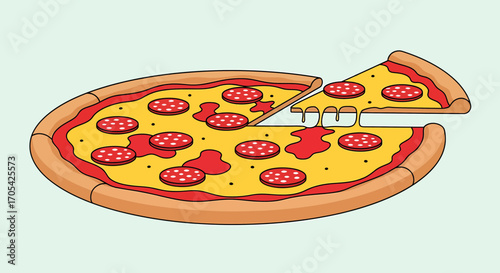 Pepperoni Pizza With Slice Delicious Cartoon Vector Illustration