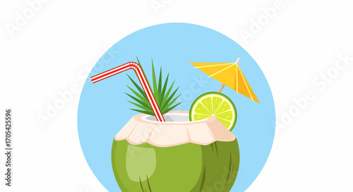 Refreshing Coconut Drink With Lime And Umbrella For Summer Holiday