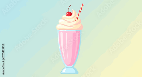 Retro Milkshake With Cherry Topping And Striped Straw Illustration