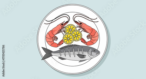 Seafood Platter With Shrimps, Fish And Lemon Slice