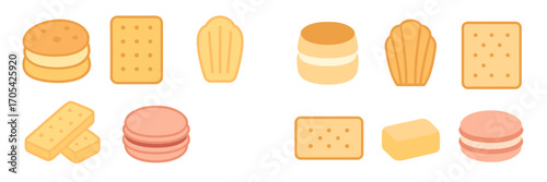 Delicious assortment of sweet and savory baked goods including various cookies, biscuits, macarons, and madeleines