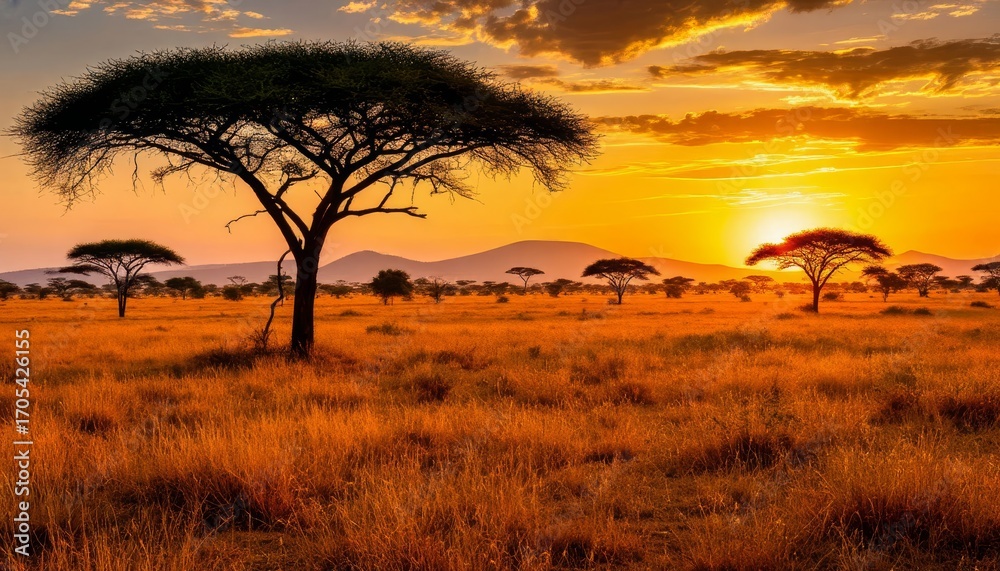 Obraz premium Golden sunset illuminates the vast african savanna, casting long shadows from iconic acacia trees across the grassy plains, creating a picturesque and serene landscape tv wallpaper background