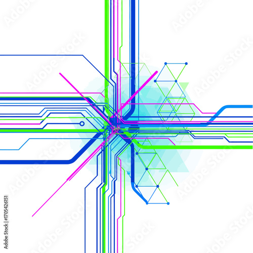 Abstract digital network illustration with colorful lines converging at a central point, forming a complex design.