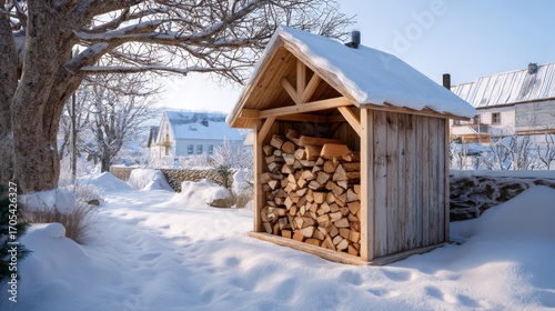 A small wooden woodshed with neatly stacked firewood, light snow on the roof, footprints in fresh snow, cozy village vibe