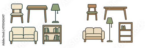 Diverse collection of contemporary home furniture pieces and interior design elements for modern living spaces including chairs, tables, sofas, lamps, and bookshelves