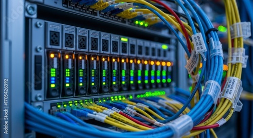 Data Server Rack with Colorful Cables and Glowing Lights
