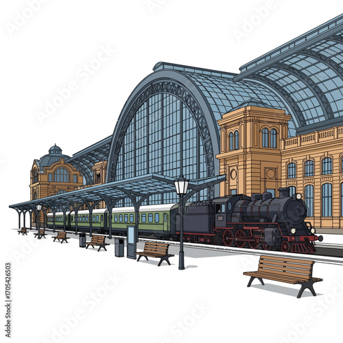 A vintage steam train stands at a grand, glass-roofed train station platform.