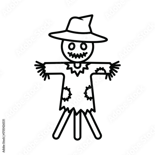 Vector art of a black and white outline of a scarecrow with a hat