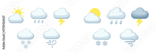 3D weather icons set depicting various meteorological conditions like sun, clouds, rain, snow, wind, and lightning