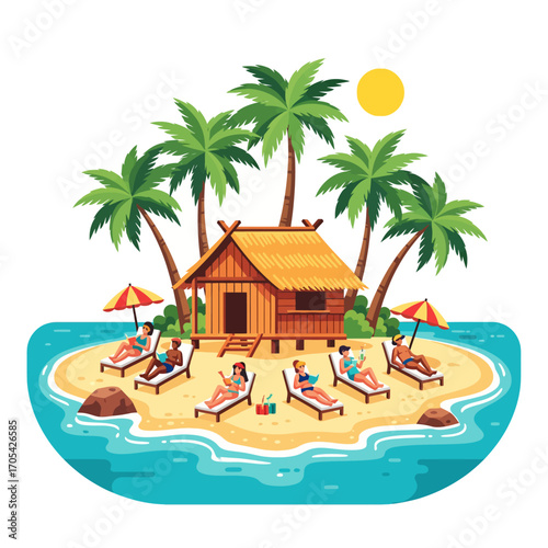 Tropical beach hut vacation: friends relaxing on a secluded island under palm trees, enjoying drinks and sunshine.