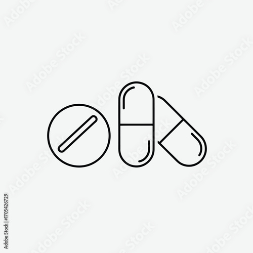 Vector art of a collection of pills and capsules, representing medication and pharmaceuticals