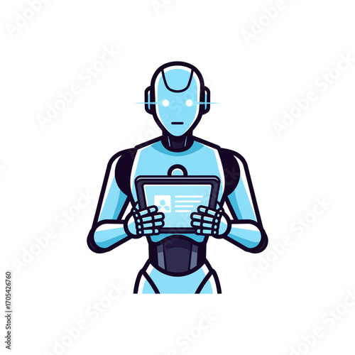 A light-blue robot holds a tablet, displaying medical information, in a stylized graphic design.