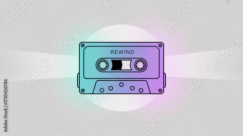 Turquoise illustration of a rewind cassette tape, representing retro music and vintage audio