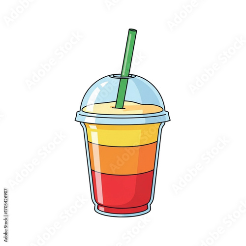 Layered Fruit Drink in a Clear Plastic Cup with Straw.