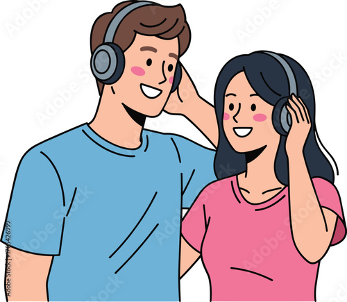 Young man and woman enjoying music together, wearing headphones, smiling happy couple sharing audio experience, friendship, entertainment, technology, flat vector illustration