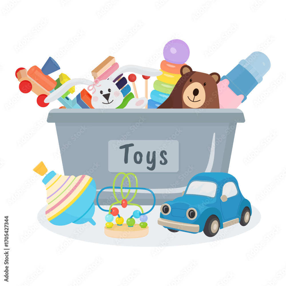 Fototapeta premium Colorful vector illustration of kids toys in a storage box with car, teddy bear, rabbit and educational games. Cute playful design for children shop, kindergarten, web and creative projects.