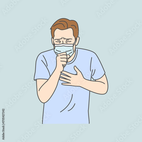 Illustration of a man coughing and wearing a medical mask, emphasizing infection control and health