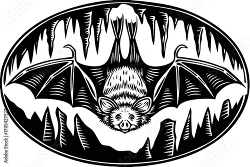 Black and White Bat in Cave Illustration