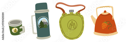 A set of items for water in nature. Flat color illustration with insulation. Thermos, iron mug, kettle, flask. Water. Necessary items for survival. Design for postcards. Picnics, hikes, camping