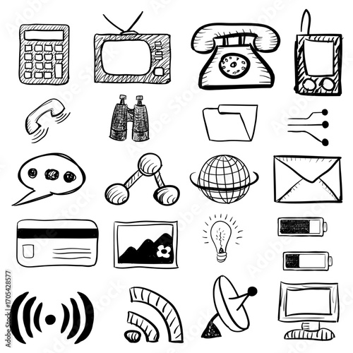 Minimalist line-art doodles of email, folders, and internet symbols.