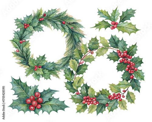 Watercolor Christmas wreaths holly 