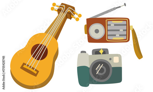 A set of items for outdoor entertainment. Flat, isolated, colored illustration. Wooden guitar, electric radio, camera. For the mood. Design for postcards. Picnics, hikes, camping