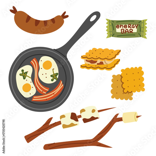 Nature snack set. Flat isolated color illustration. Breakfast egg, bacon in a frying pan, bar, cookie, fried marshmallow, fried sausage. Design for postcards. Picnics, hikes, camping