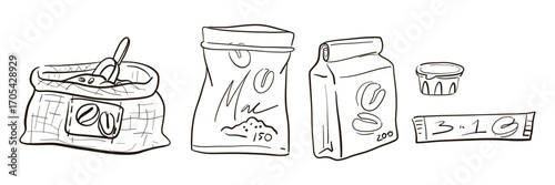 set of coffee-themed doodle items. black outline on white. bag filled coffee, zip bag of instant coffee, package of ground coffee, non-instant, soluble coffee blend in bag, cream. Cafe, coffee shop