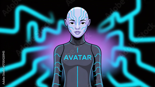 Futuristic avatar of a woman with glowing blue circuitry patterns on her face and body, set against a backdrop of abstract neon lights